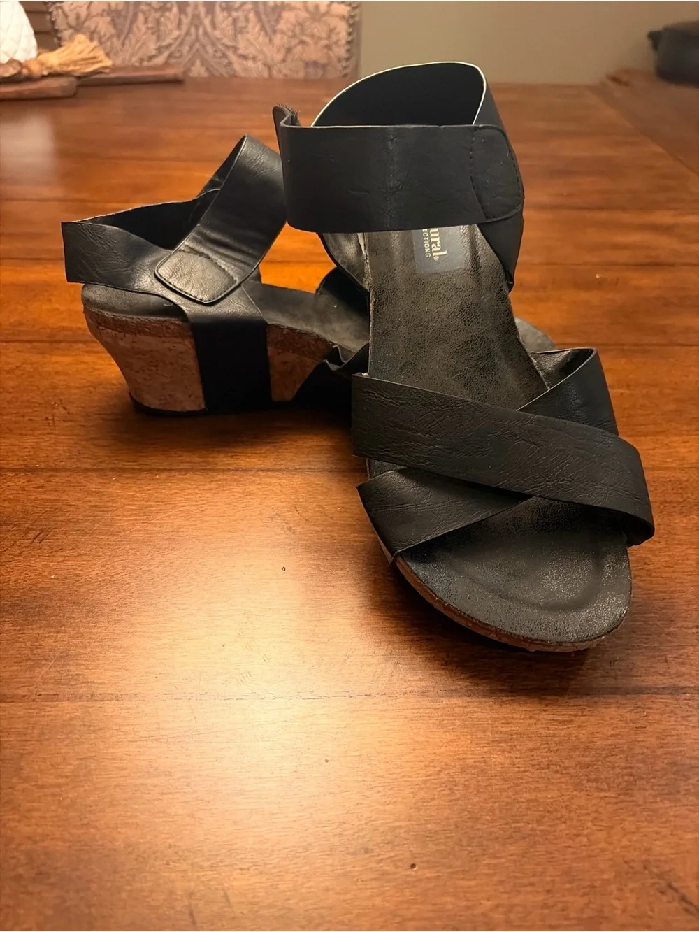 Natural Reflections Black Cork Wedge Sandals - Women's Comfortable Strappy Heels